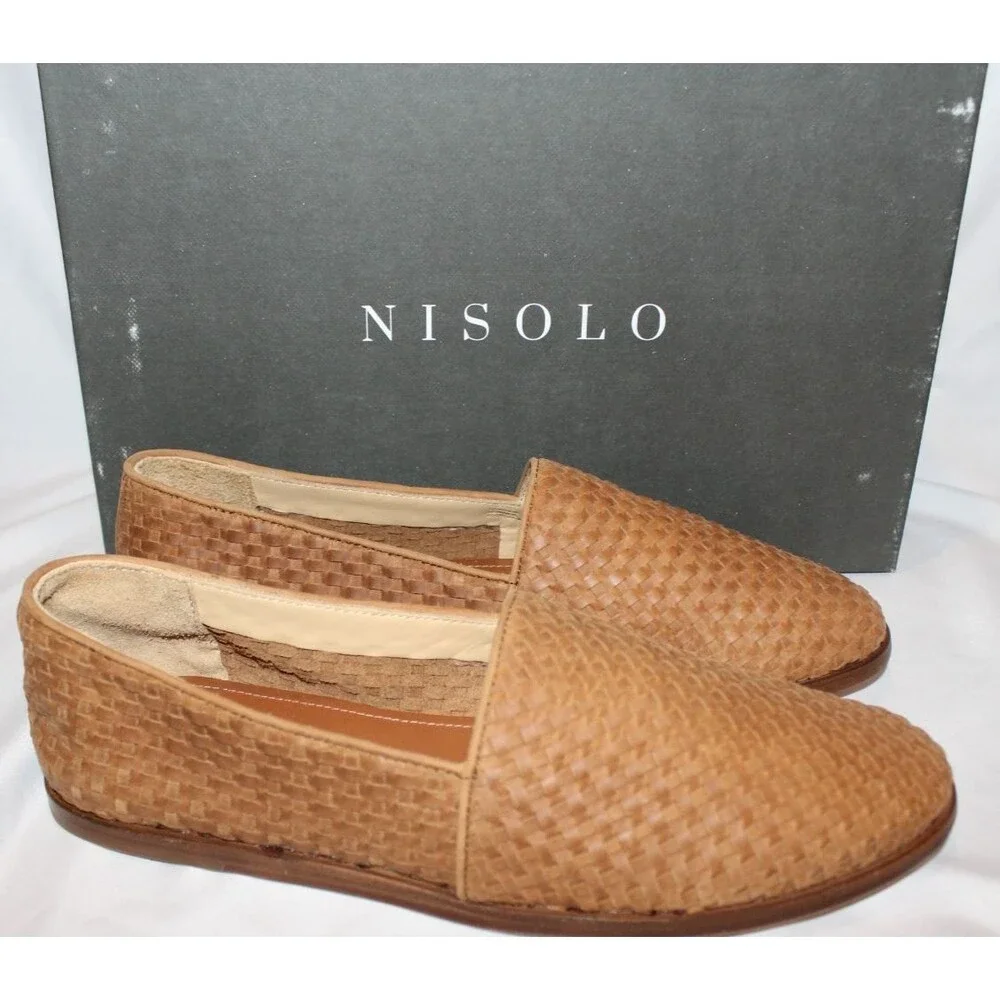 NISOLO MEN'S ALEJANDRO‎ WOVEN LEATHER SLIP ON SHOES TOBACCO BROWN NIB $190